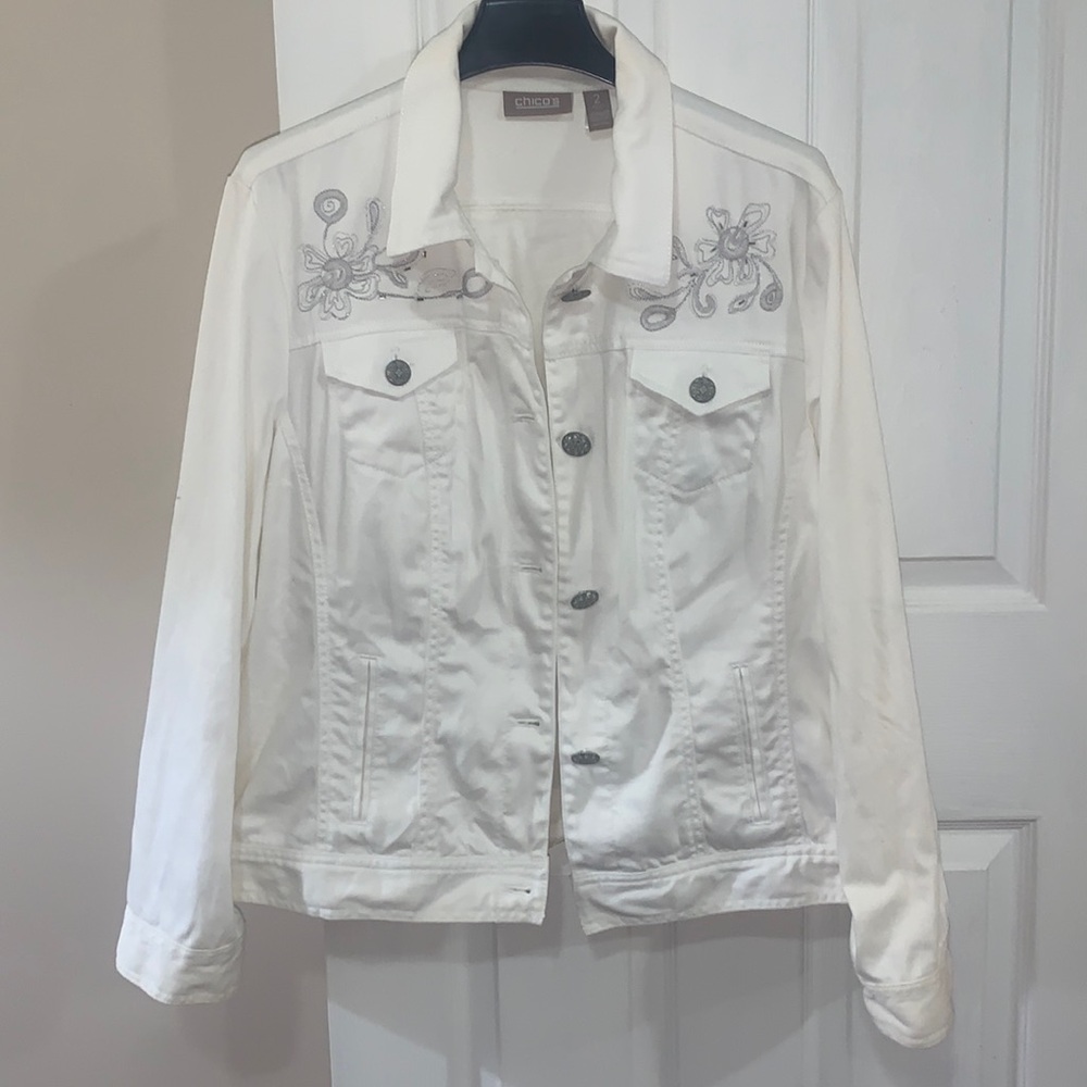 Women’s Chico’s White Button Up Jean Jacket with Embroidery